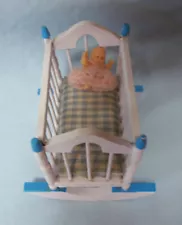 DOLLHOUSE FURNITURE 1980s Miniature Blue Baby Wooden Rocker Cradle & Doll (A1)