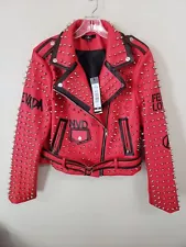 NWT For Her NYC Red Studded Faux Leather Jacket Women's Size M