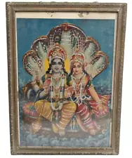 Historic Elegance: 21" Laxmi Narayan Litho Print in Wooden Frame Decorative Item