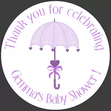 BABY SHOWER LILAC UMBRELLA PERSONALISED GLOSS PARTY BAG BOX FAVOUR STICKERS