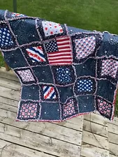 New Throw Size Rag Quilt Handmade Patriotic American Flag Free Shipping