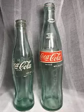 COCA COLA Empty Soda Pop Bottles (2) Green Glass Script Design 10oz + 16oz VTG