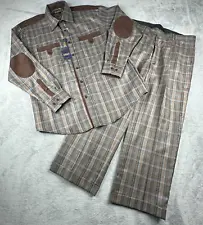 Inserch Walking Suit Mens Size XL 38 Brown Plaid 2 Piece Leisure Pants Shirt New