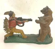 J E Stevens Mechanical Bank Indian Shooting Bear For Parts or Repair