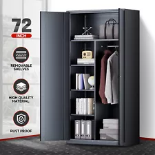 72" Gray Lockable Metal Storage Wardrobe Cabinet w/ Hanging Rod & 4 Shelves