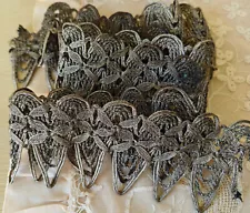 Antique Ornate Real Metal Silver Wide Braided Woven Trim Dress 2 3/4 Tarnished