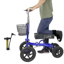 AllCure Quad Wheel All Terrain Foldable Medical Knee Walker Scooter Blue