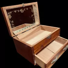 Vintage Cedar Jewelry Box Chest Gold Rose Mirror Drawer Handmade 8 1/4” By 5 1/2