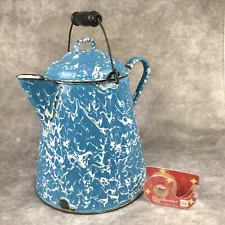 Vintage Blue & White Swirl Coffee Pot Large Graniteware Cowboy Enamelware