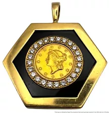 1850 1 Dollar American Gold Coin in Heavy 18k Gold Diamond Octagonal Pendant