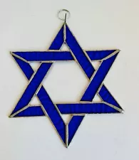 Cobalt Blue Stained Glass Jewish Star of David, Hebrew with Loop for Hanging