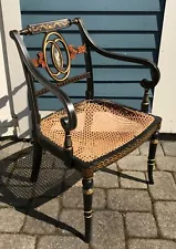 Antique Regency Style Ebonized & Hand Painted & Gilt Carver Armchair