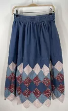 Women’s Denim Patchwork Skirt Country Cottage Homemade Side Pockets 28” To 44”