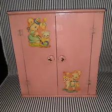 VTG 1950's PAINTED 13" WOOD w/BEAR DECALS ARMOIRE CABINET WARDROBE DOLL CLOSET