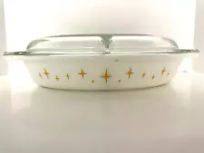 Vtg Pyrex MCM Gold Space Age Starburst 1-1/2 Quart Divided Casserole + Lid READ