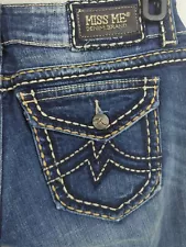 Miss Me Women Blue Jeans Size 34x32.5 Irene Boot Cut Dark Wash Flap Pockets