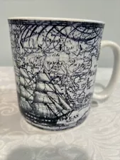 222 Fifth Due North Blue Jumbo 24 Oz Mug World Map Nautical Ship FINE CHINA