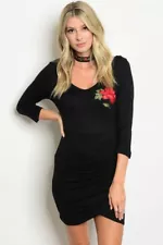 Women Black Mini Dress Rose Kim Kardashian Slim Fit Bodycon Casual Chic Fall