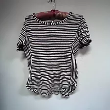 Free People Womens Take One for The Team Puff Sleeve Top Large Striped Tan/Black