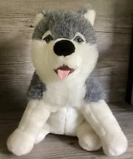 Vintage 35cm Sitting Siberian Blue Eyed Husky Wolf Puppy Dog Grey Plush Soft Toy