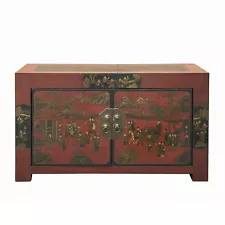 Old Oriental Distressed People Graphic Brick Red Low TV Console Cabinet cs7759