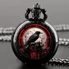 Raven Crow Pocket Watch Black Red