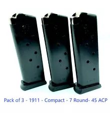 3 Pack Compact 1911 Officers 45 ACP 7rd Steel Pistol Magazine CS Colt Defender