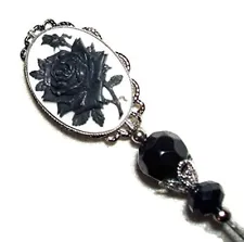 BLACK ROSE CAMEO Long Hatpin Stick Hat Pin Vintage Style Flower Mourning Jewelry