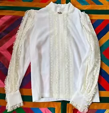 Vintage Victorian White Lace Trimmed Long Sleeve Blouse Top with Flower Brooch