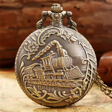 Old Fashioned Steampunk Train Design Quartz Pocket Watch Gift for Men Women Kids