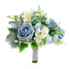 Bridal Holding Wedding Bouquet Fabric Blue Ivory Rose Peony Mix Flowers Brida...