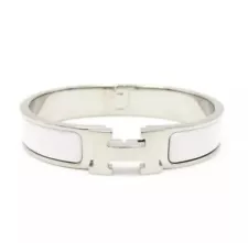 Hermes Clic Clac H Logo Bangle Cuff Bracelet in White Enamel Silver w/Box Bag PM