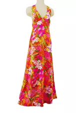 ViNTAGE 70s HAWAii NEi TROPiCAL BOLD NEON FLORAL HAWAiiAN HALTER MAXi DRESS S