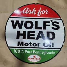 WOLFS HEAD MOTOR OIL PORCELAIN ENAMEL SIGN 30 INCHES ROUND