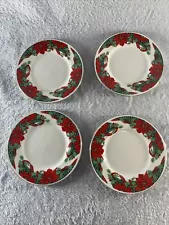 Gibson Holiday Dessert Plate 6" Red Ribbon Poinsettia Holly Gold Rim Set Of 4