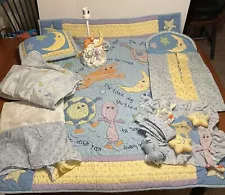 8 PC Crib Bedding Set Baby Quilt Moon Cow Nursery Rhyme Blue Yellow sheet lamp