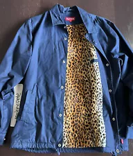 LARGE SUPREME LEOPARD PILE LINED COACHES JACKET NAVY FW 2010 box logo vtg