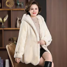 Womens Hooded Long Sleeve Loose Real Mink Fur Coats Overcoat Winter Stand Collar