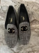 Women Sz 37 Extremely Rare Chanel Coco Mark Big Logo Tweed Flat Shoes