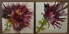 Beautiful Hand Painted Ceramic Back Tiles Flower Design Set Of 2 Artist Signed