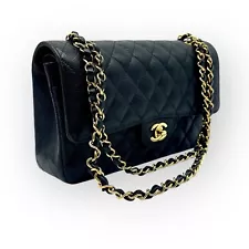 Chanel Quilted Medium Double Flap Black Caviar Shoulder Handbag Gold Hardware