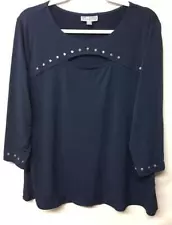 Jm collection blue embellished cutout cleavage scoop neck 3/4 sleeve top XXL