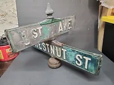 Vintage Street Sign Double Sided Embossed Corner Chestnut St 1st Ave