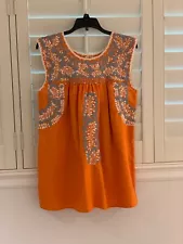 OAXACAN TOP ~ Orange Hand Embroidered Mexican Peasant Hippie Blouse S/M