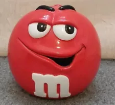 2001 RED M&M 6" Ceramic Candy Canister Cookie Jar & Lid. Pre-Owned.