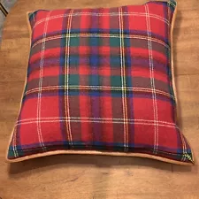 RALPH LAUREN Castelford Red Plaid Throw Pillow Wool Linen Leather Down Insert