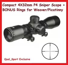 Compact 4X Magnification 32mm P4 Sniper Scope + BONUS Rings for Weaver/Picatinny