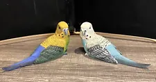 Pair of Budgie Parakeet Bird Figurines 6 X 2.25 X 3" Blue/White and Blue/Yellow