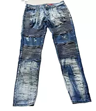 Lion Dynasty Distressed Acid Wash Blue Jeans Mens Size 36 x 32