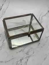 Vintage Brass / Etched Glass Jewelry Trinket Curio Box Bird Design Mirror Bottom